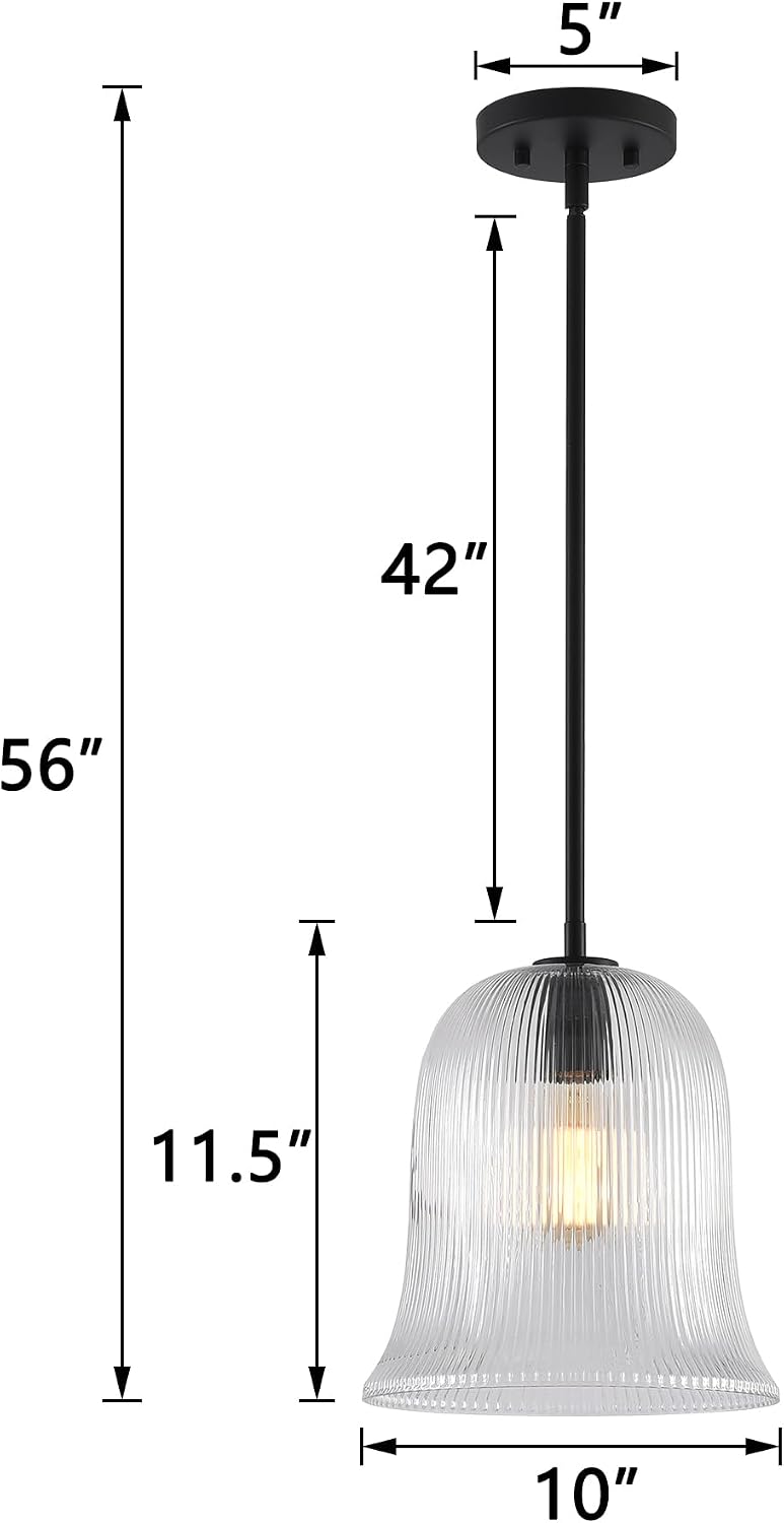 Maxax Modern Black Pendant Light for Kitchen Island, Bell Shape Hanging Ceiling Light Fixture with Clear Ribbed Glass Shade, Dining Room Hallway Lighting