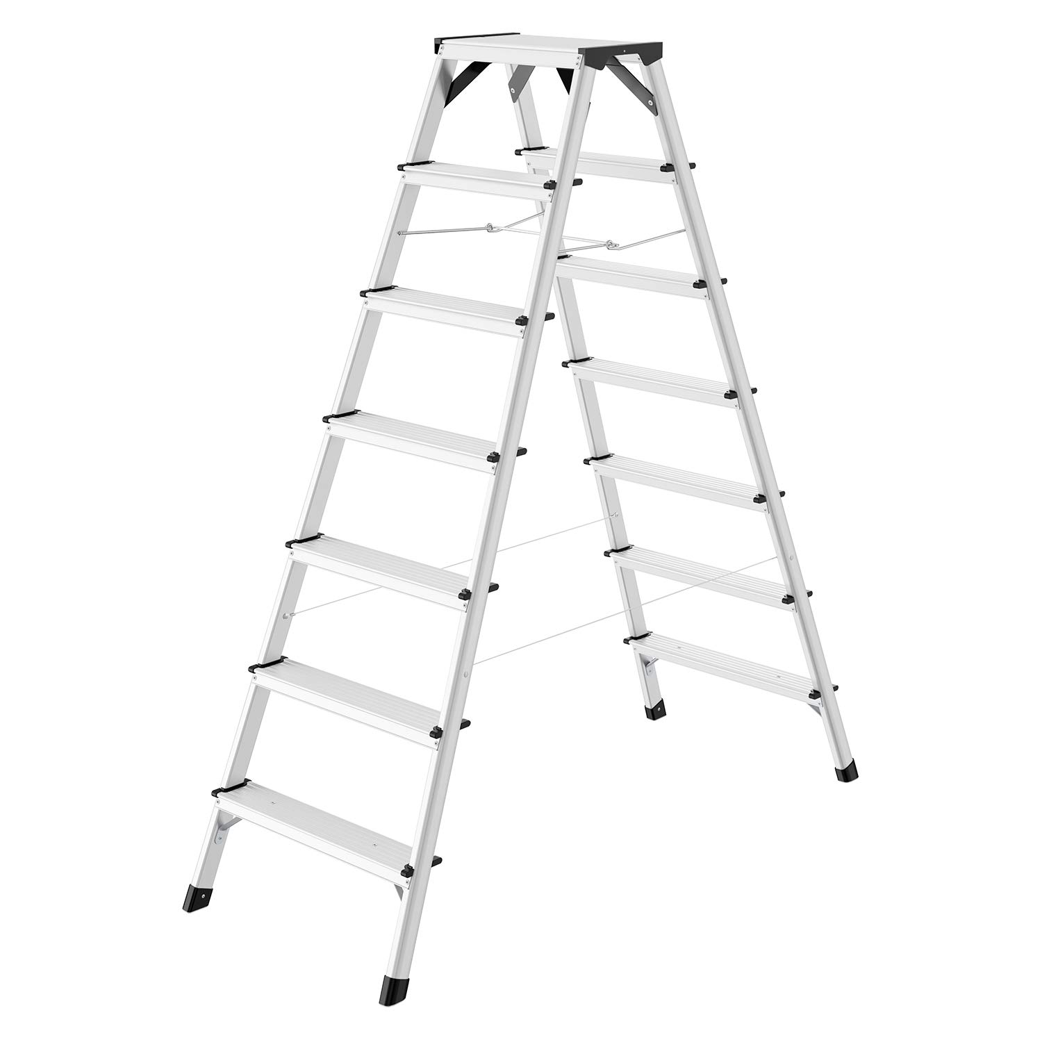 Hailo D60 StandardLine - Escalera Doble de Aluminio (2 x 7 peldaños, hasta 150 kg, Patas con Suela de Agarre Suave, con Refuerzos estables en Las Esquinas, Aluminio Inoxidable), Color Plateado