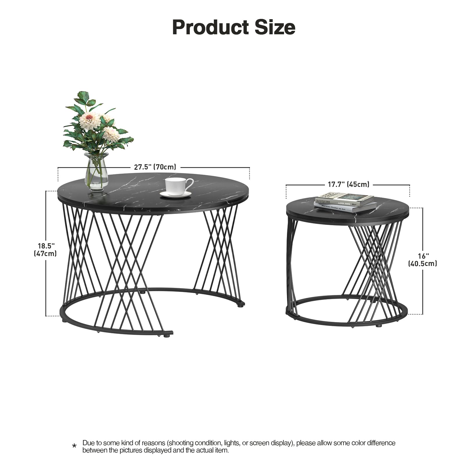 Juego de 2 mesas de Centro Redondas Nido 70/40 cm - Negro con Estructura de Metal Dorado, multifuncionales para salón, Dormitorio, Oficina o apartamento