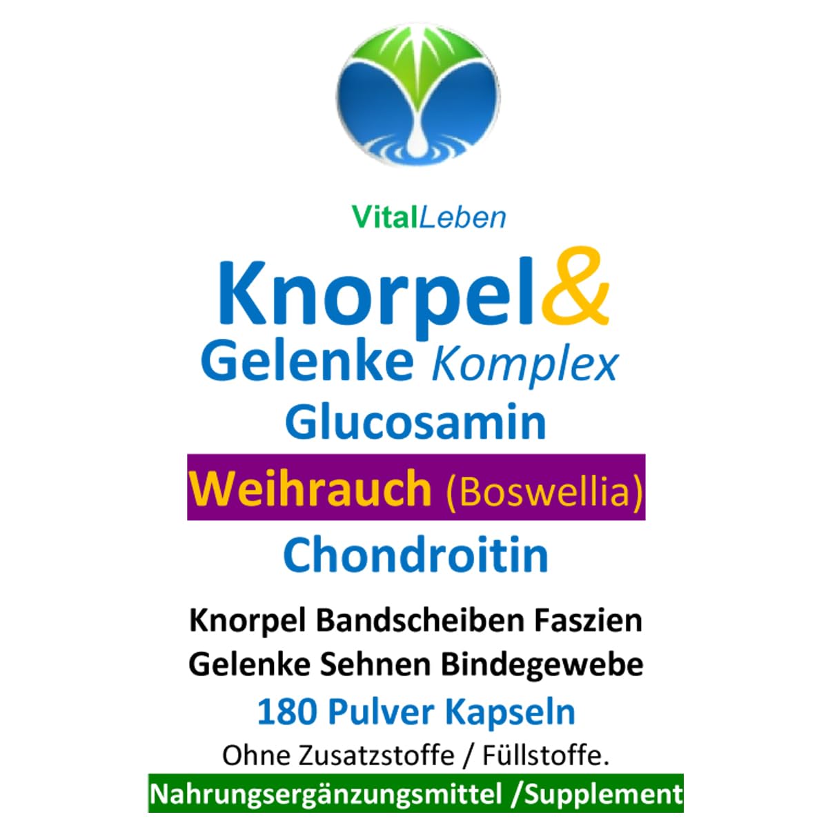 KNORPEL & GELENKE Komplex - BINDEGEWEBE aufbauen & straffen bevor Knie & GELENKE schmerzen. BOSWELLIA Weihrauch + Glucosamin + Chondroitin 180 Kapseln - OHNE ZUSATZSTOFFE. 27170-180