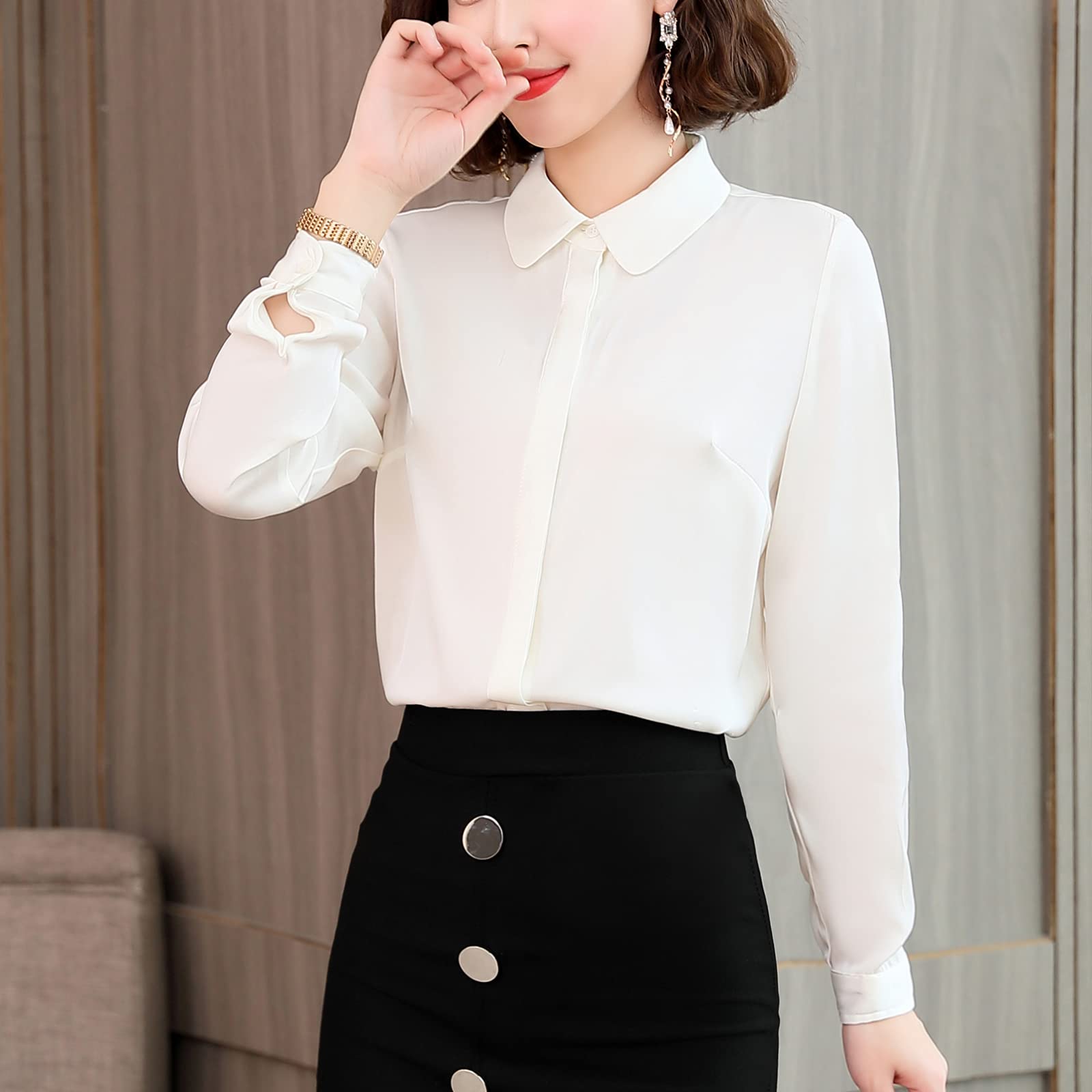 Valin Blusa de seda para mujer Camisa Sólido Botón Abajo Camisas Blusa de Mujer Manga Larga Solapa Blusa de Seda,S1908
