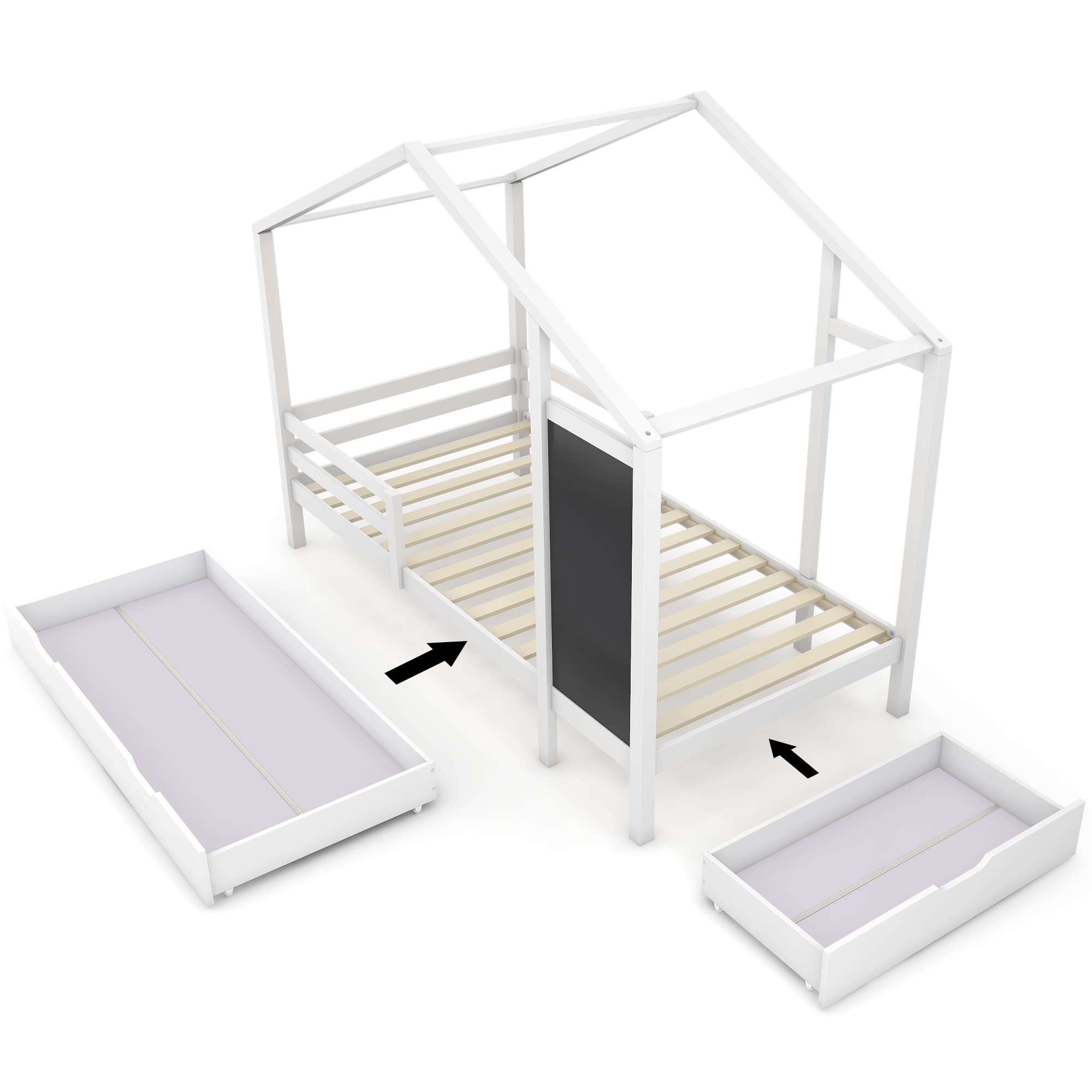 Cama infantil de madera con tablero y 2 cajones, con valla y somier, 90 x 200 cm, color blanco (sin colchón)