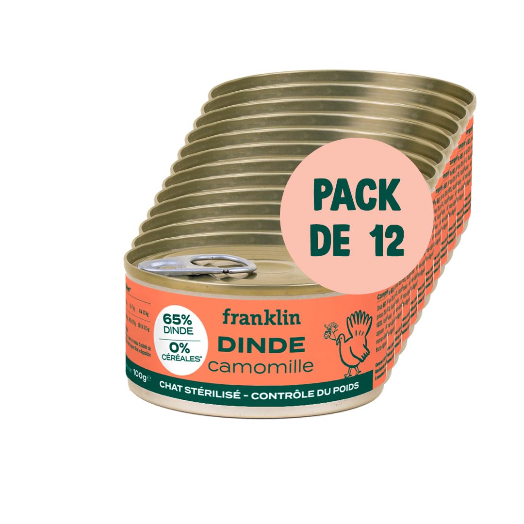 FRANKLIN – Pâtées pour Chat – sans Céréales – pour Chaton, Chat Adulte & Sénior – 66% de Viande – Saveur Dinde, Camomille – Nourriture Humide – Maximise l'hydratation – Boite 12x100g