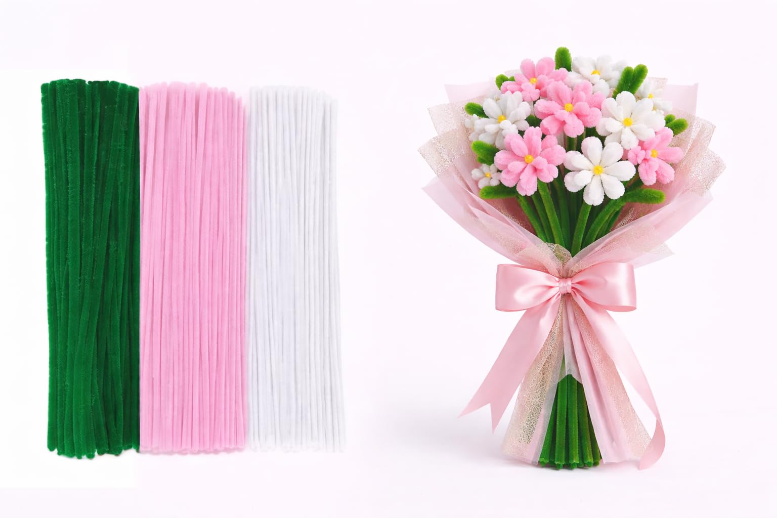 120 Pcs Pipe Cleaners for Craft – (6mm x 12 Inch) Flexible Fuzzy Sticks for DIY Crafts, Flower Making, Kids Art & Craft Supplies (Regular, Set-03 with stem,tape) - Green,white,pink-image-44