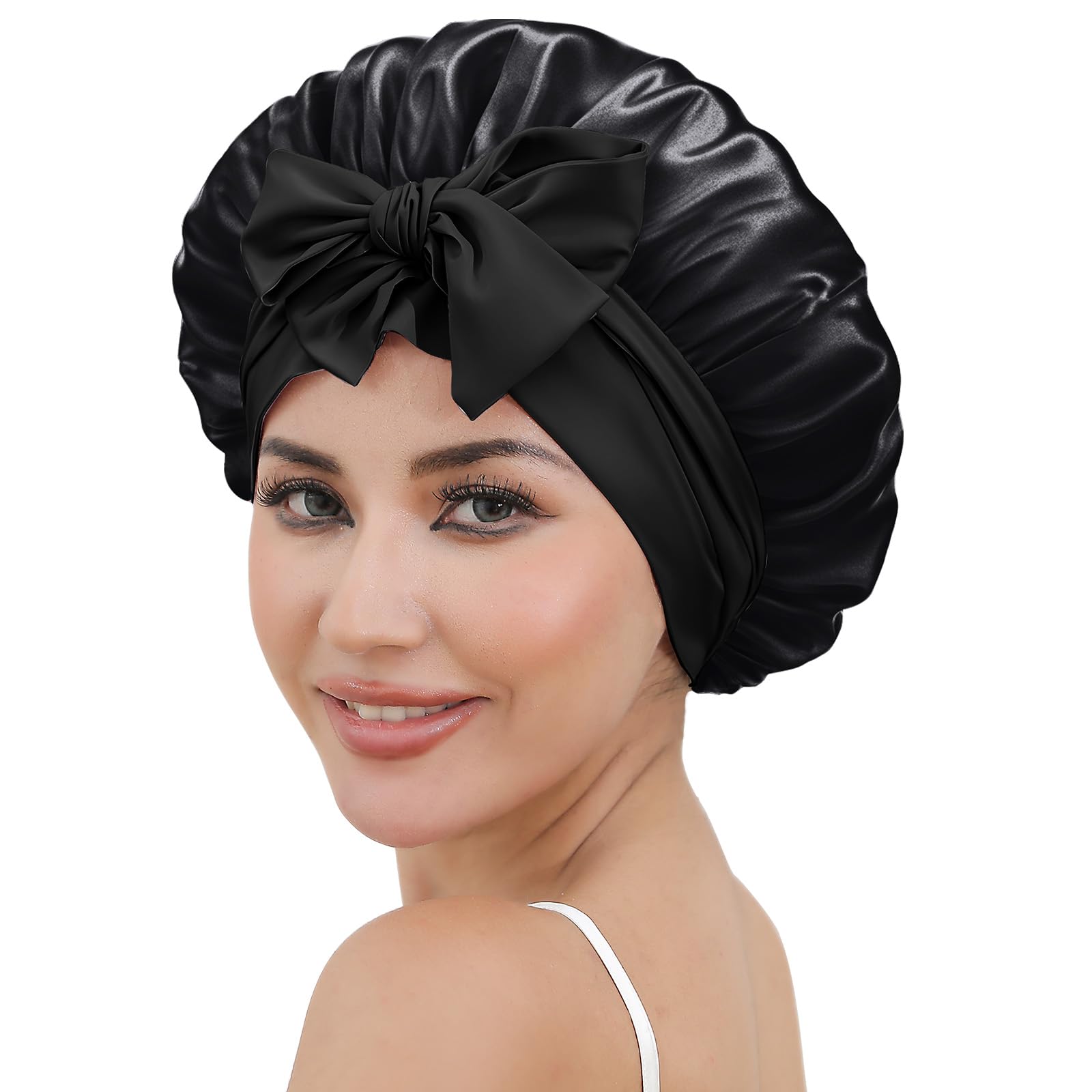 ZIMASILK 100% Mulberry Silk Bonnet for Sleeping Shower Caps Women Long Hair Double Layer Silk Hair Wrap with Elastic & Tie Band Cooling Hair Caps for Hair Care Stay On Head (1Pc