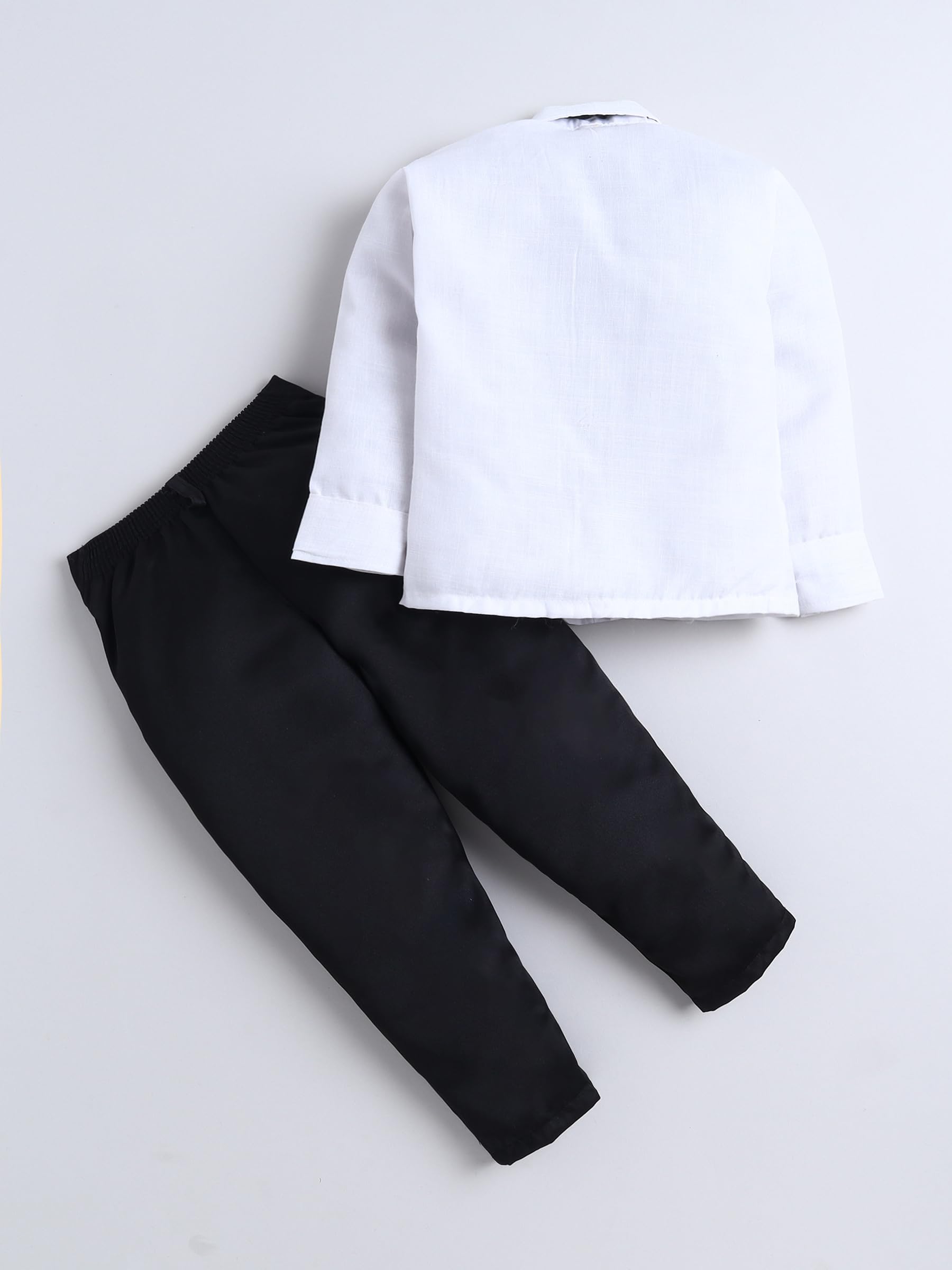FOURFOLDS Boys Cotton Diamond Embroidery Bib Shirt & Pant Set With Bow- Black & White 1