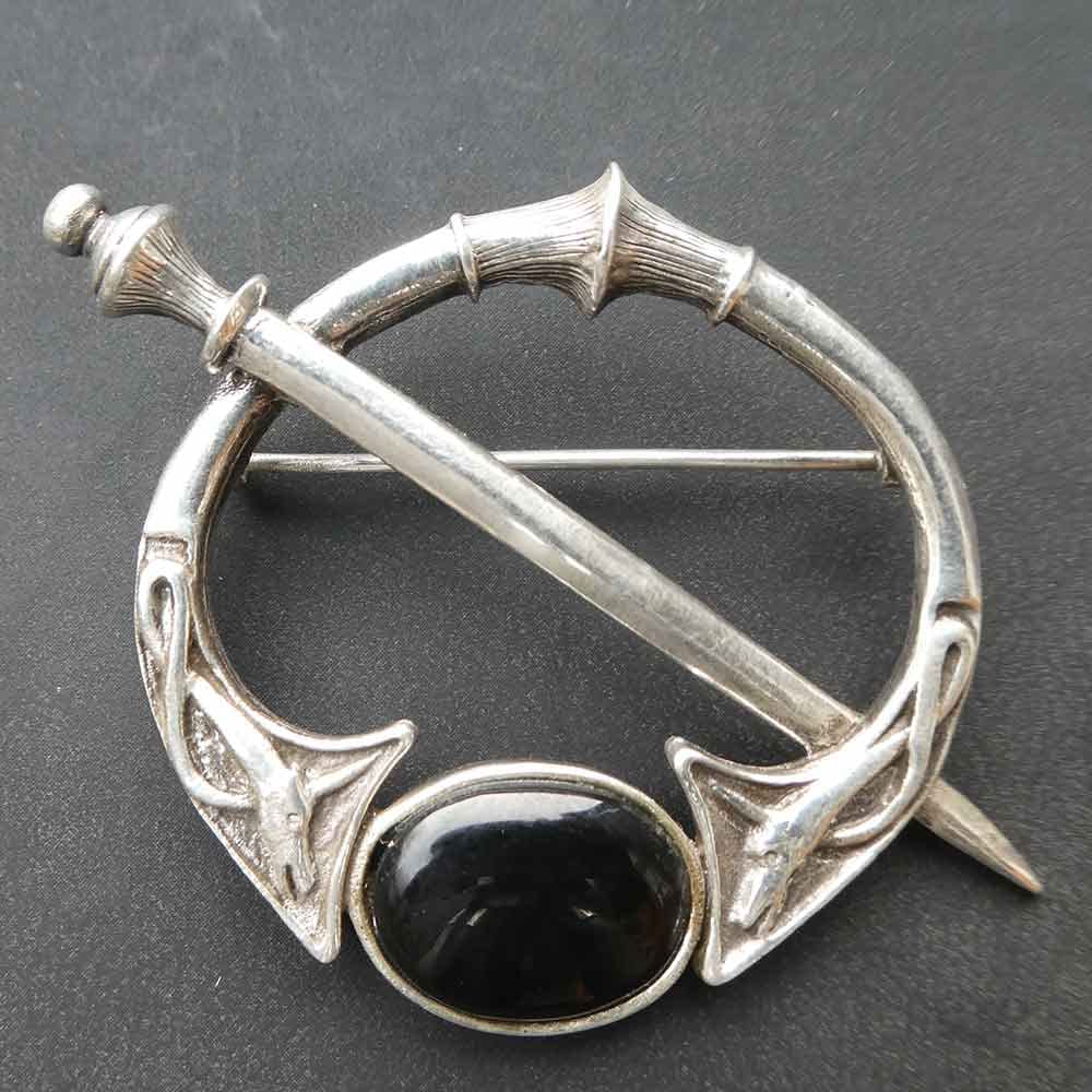 Keltische Brosche Fibel Gewandnadel 925 Sterlingsilber Onyx Mittelalter Wikinger Gothic Silberschmuck Damen Herren
