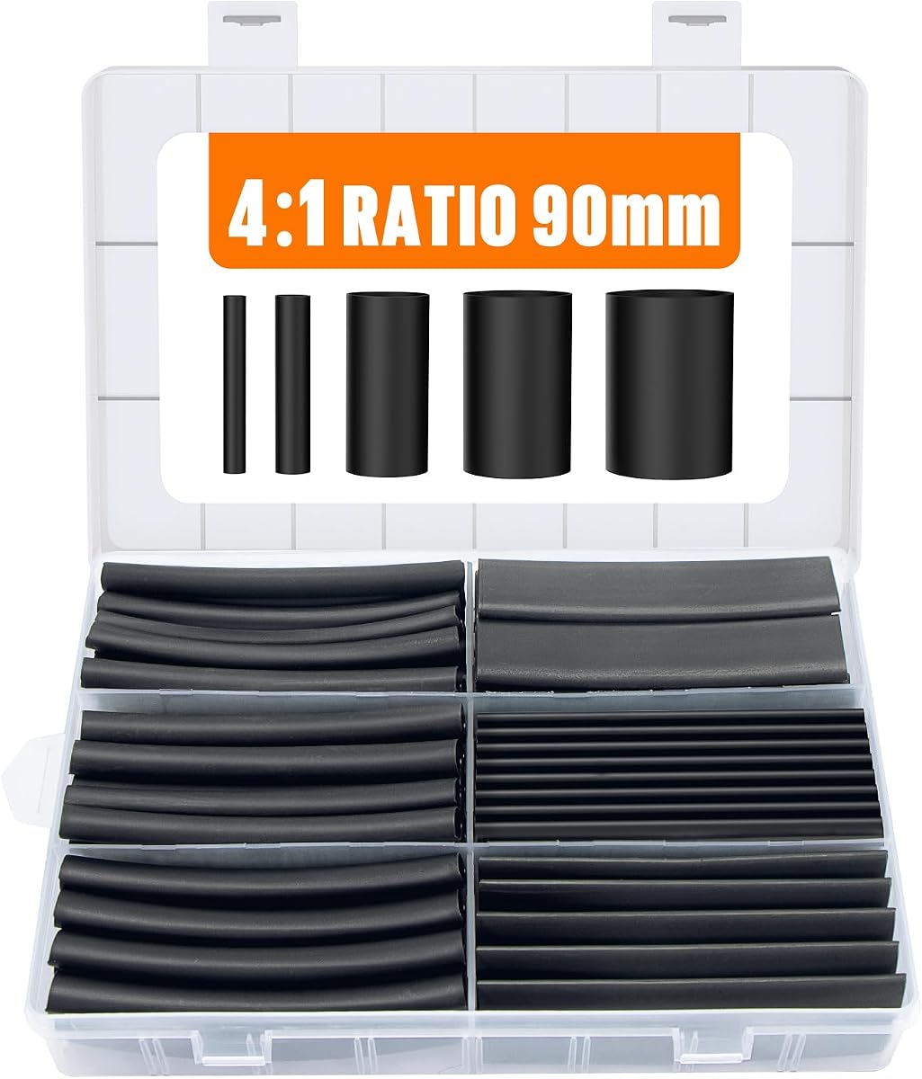 3.54 Inches Heat Shrink Tubing Kit 100 Pcs, Ratio 4:1 Adhesive Lined | Dual Wall Tube - Marine Grade Waterproof, 5 Diameters, Heat-Shrink Tube, Heat Shrink Cable Sleeve - Black
