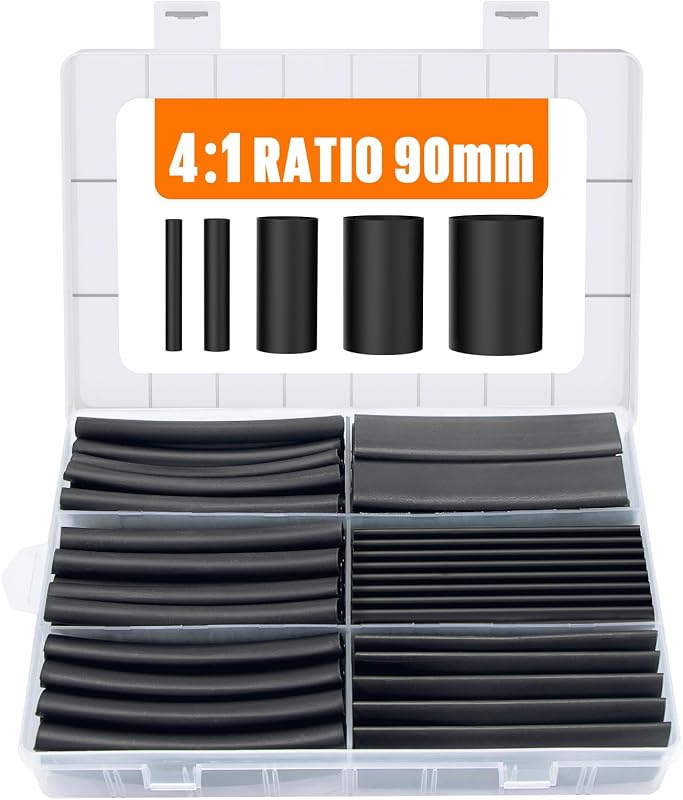 3.54 Inches Heat Shrink Tubing Kit 100 Pcs, Ratio 4:1 Adhesive Lined | Dual Wall Tube - Marine Grade Waterproof, 5 Diameters, Heat-Shrink Tube, Heat Shrink Cable Sleeve - Black