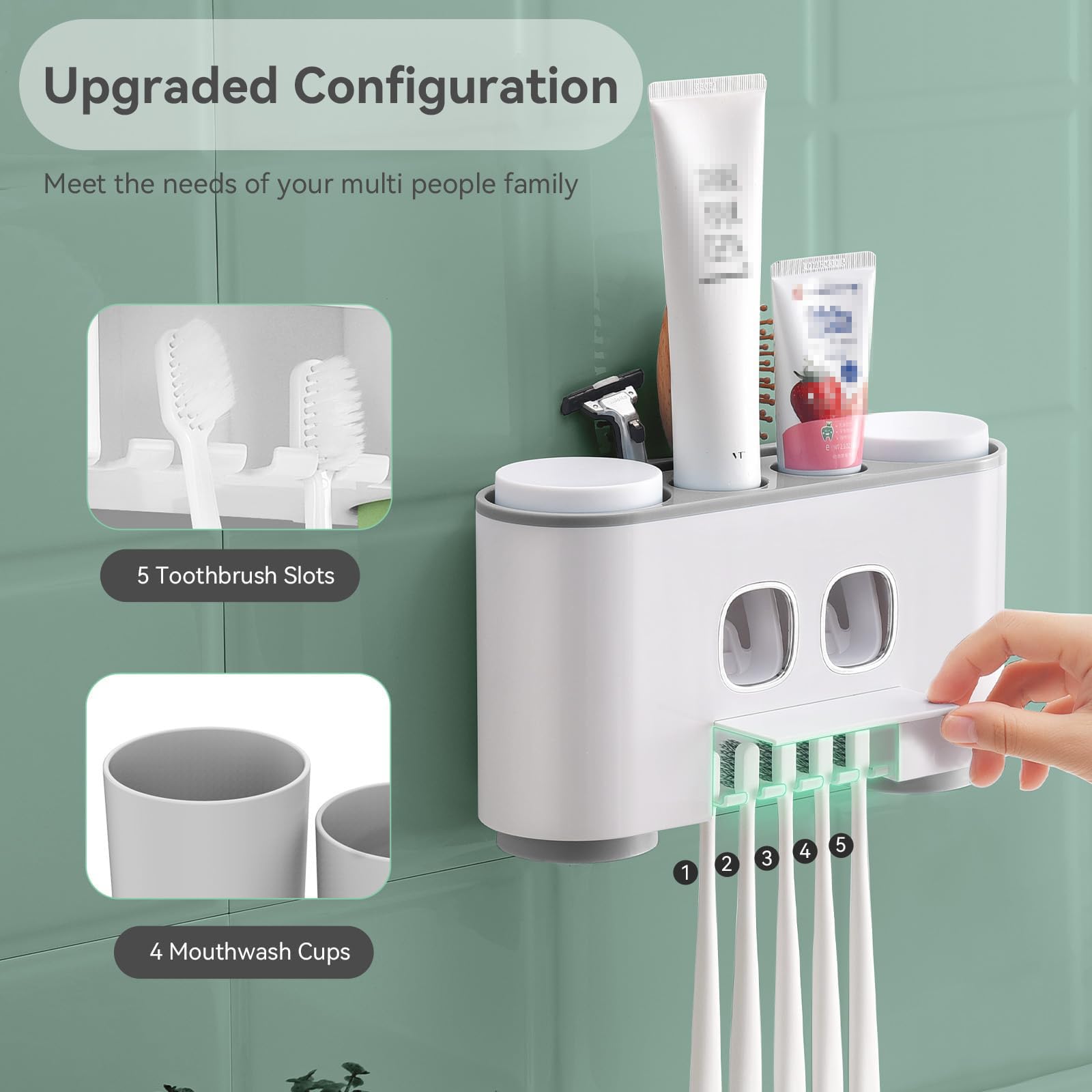 Soporte para Cepillo de Dientes, Montaje en Pared para baño con dispensador de Pasta de Dientes, exprimidor de Pasta de Dientes eléctrico automático de 4 Tazas,Blue