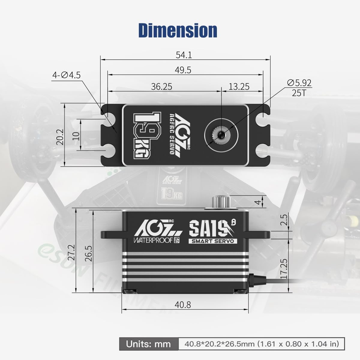 AGFRC 19KG Low-Profile Waterproof RC-Winch-Servo - 0.073s High Speed, Full CNC Metal Gear, Brushless Programmable Smart Servo with 25T Metal Winch Horn for 1/10 RC Cars, Crawlers (SA19 Winch)