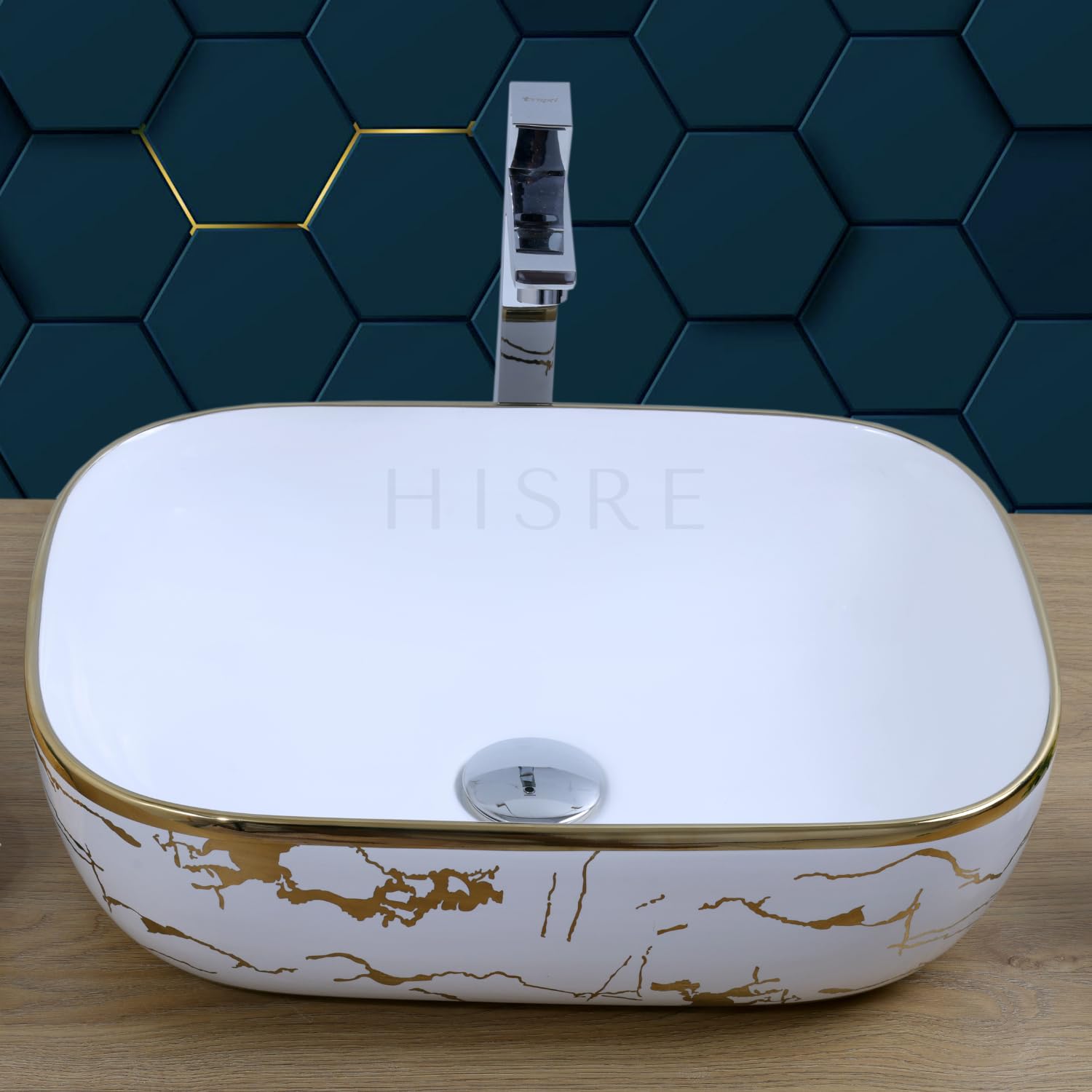 HISRE Table Top Wash Basin For Bathroom | Over Counter Top Wash Basin For Living Room | Washbasin Countertop | Tabletop Ceramic Bathroom Kitchen Sink (18 x 14 x 5.5 Inch) (SKTHI2304), photo 3 of 5