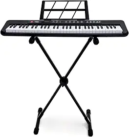 Kit Teclado Musical Kobe KB-150 BK Preto 5/8 61 Teclas Com Suporte em X e Fonte