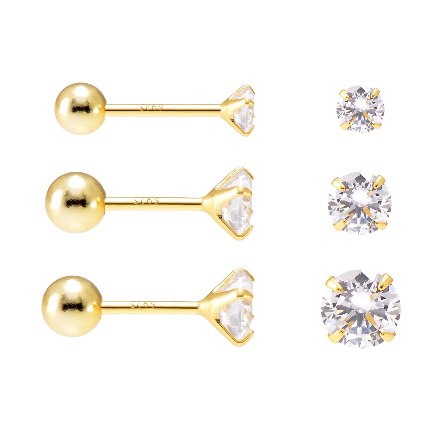 3 4 5 MM Cubic Zirconia Sterling Silver Plated Yellow Gold Studs Earrings Set, Screw Ball Backing