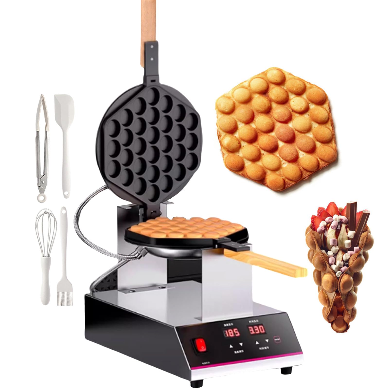 Gofrera De Burbujas Comercial De 1400 W,Plancha Giratoria De 180°,Doble Calentamiento,Mango De Madera,Control Digital De Temperatura Y Temporizador,para Helados Y Gofres De Hojaldre