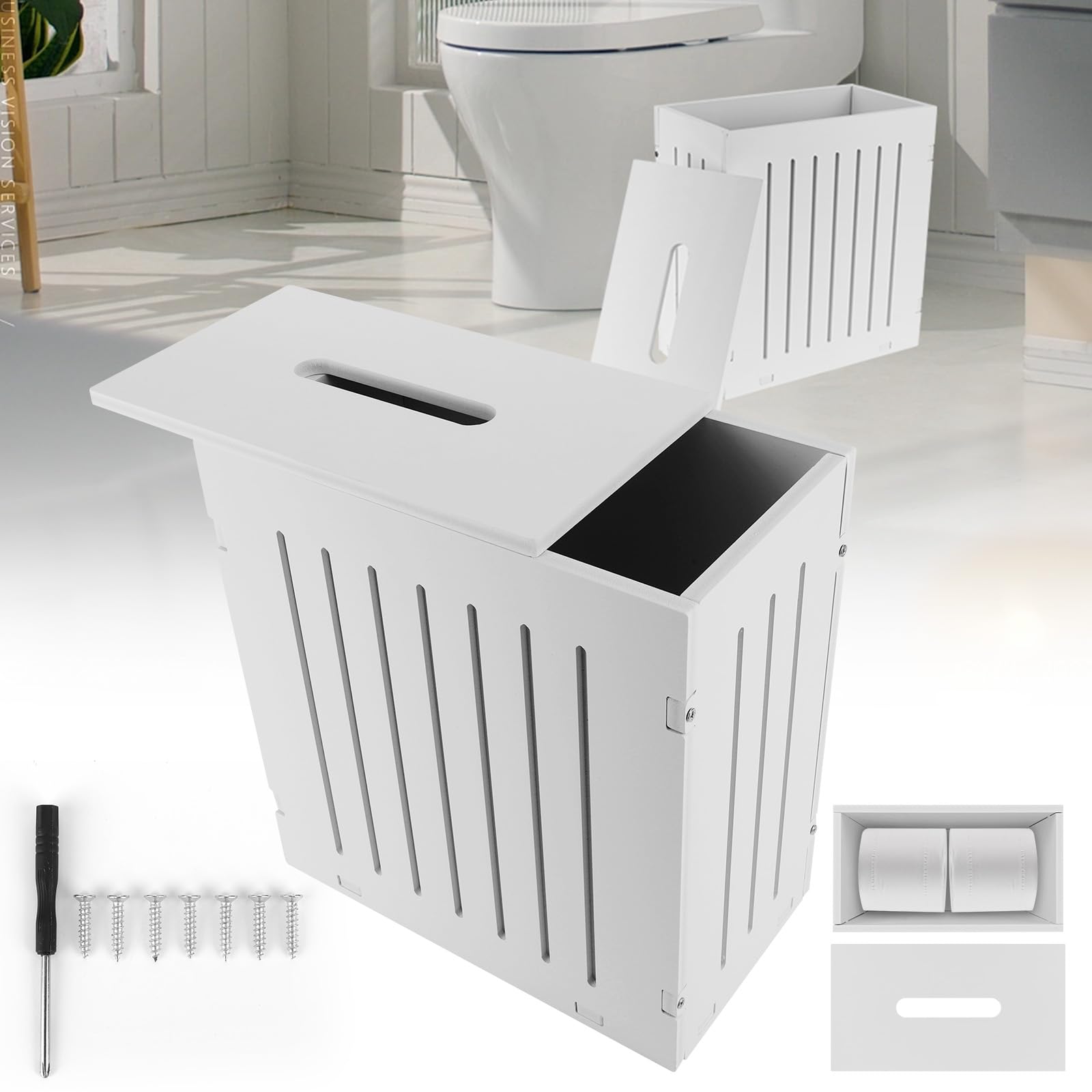 AMZGSHOP White Slimline Bathroom Storage Unit, Compact Wooden Toilet Roll Paper Cabinet with Removable Lid, Multi-Purpose Cleaning Tidy Box for Bathroom Tissue & Cleaning Products Storage