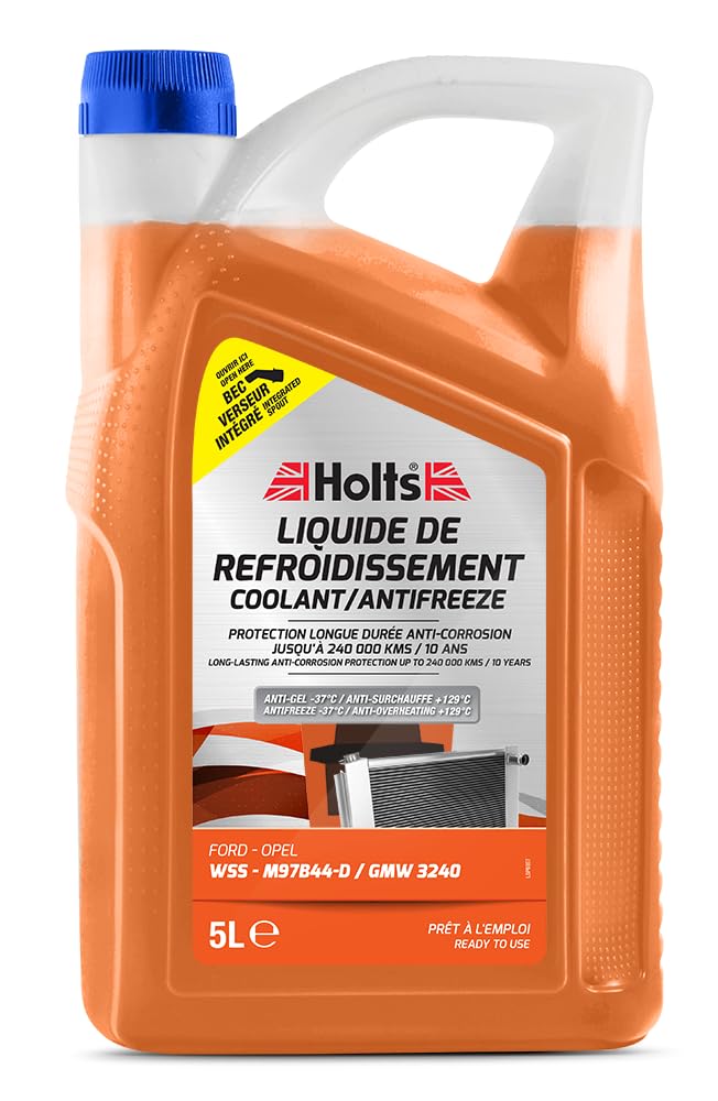 Holts HAFR0010B Antifreeze Coolant for Car Ford Vaux Opel, WSS-M97B44-D/GMW 3240, 10-year 300k mile long life, protection to -37°C, Includes Spout, Orange, 5 Litre