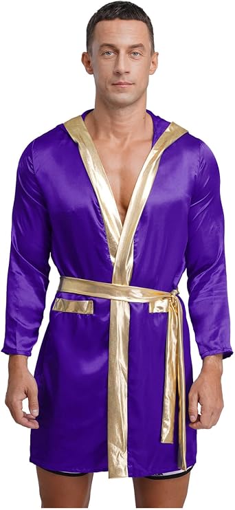 Belted Boxing Cosplay Robe for Men Satin Hooded Cloak Open Front Metallic Shiny Trim Halloween