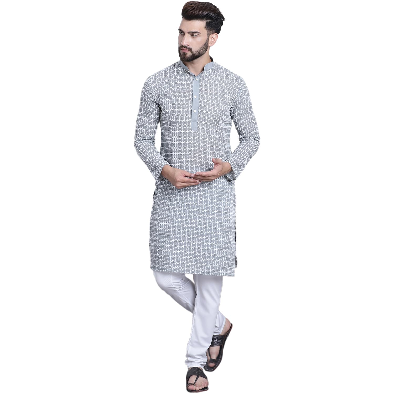 Sojanya (Since 1958 Men's Pure Cotton Grey Kurta With White Embroidery And White Pyjama Set