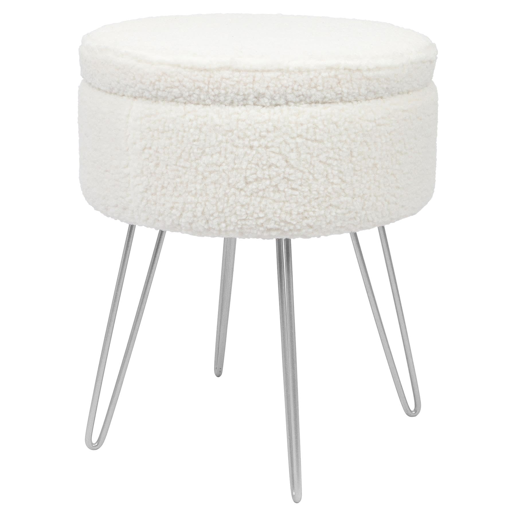 Harbour Housewares Boucle Round Foot Stool with Storage - Cream with Silver Legs - Modern Dressing Table Pouffe Footstool Vanity Chairs Footstools for Living Room
