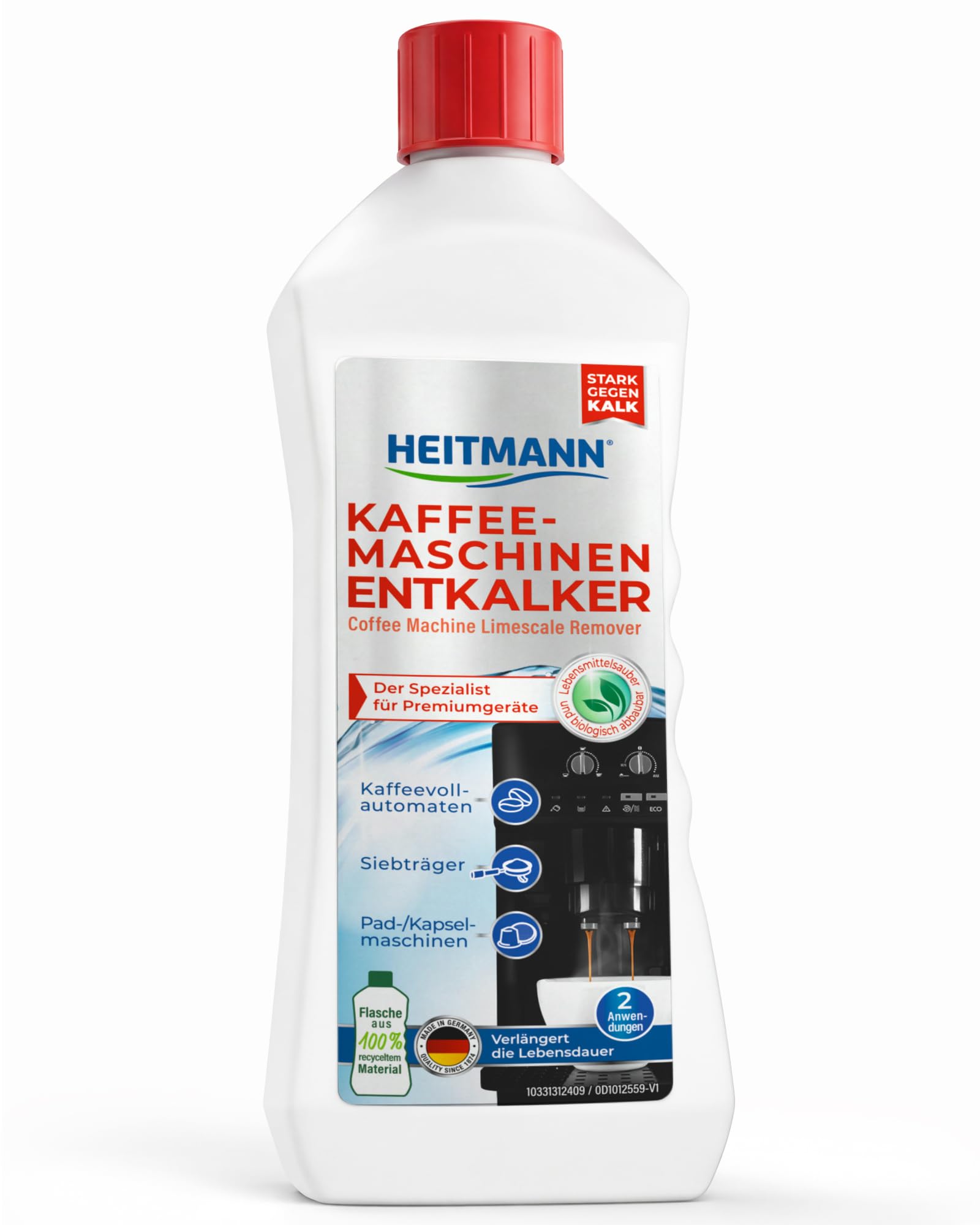 HEITMANN Kaffeemaschinen entkalker zwei Anwendungen, für Kaffeevollautomaten Siebträger Pad und Kapselmaschinen, 250 ml, Farblos