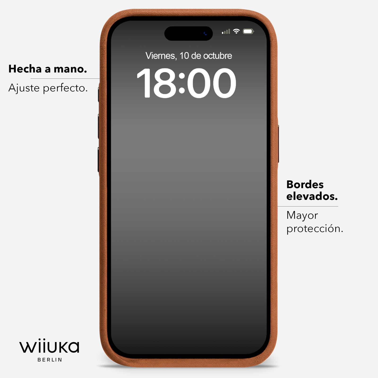 WIIUKA Funda para iPhone 17 Pro Max, piel de Alemania, protección de 360°, funda de piel extra fina, funda premium para teléfono móvil, funda Qi, skiin More VL, coñac vintage