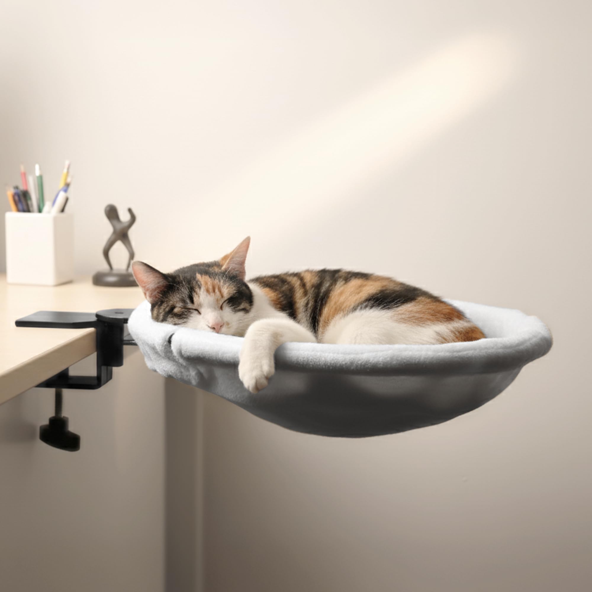 POMESEA Adjustable Cat Desk Bed, Sunken Design Cat Hammock, Supports Up to 50 lbs, Sturdy Metal Frame with Secure Clamp, Removable Faux Rabbit Plush Cover, Perf