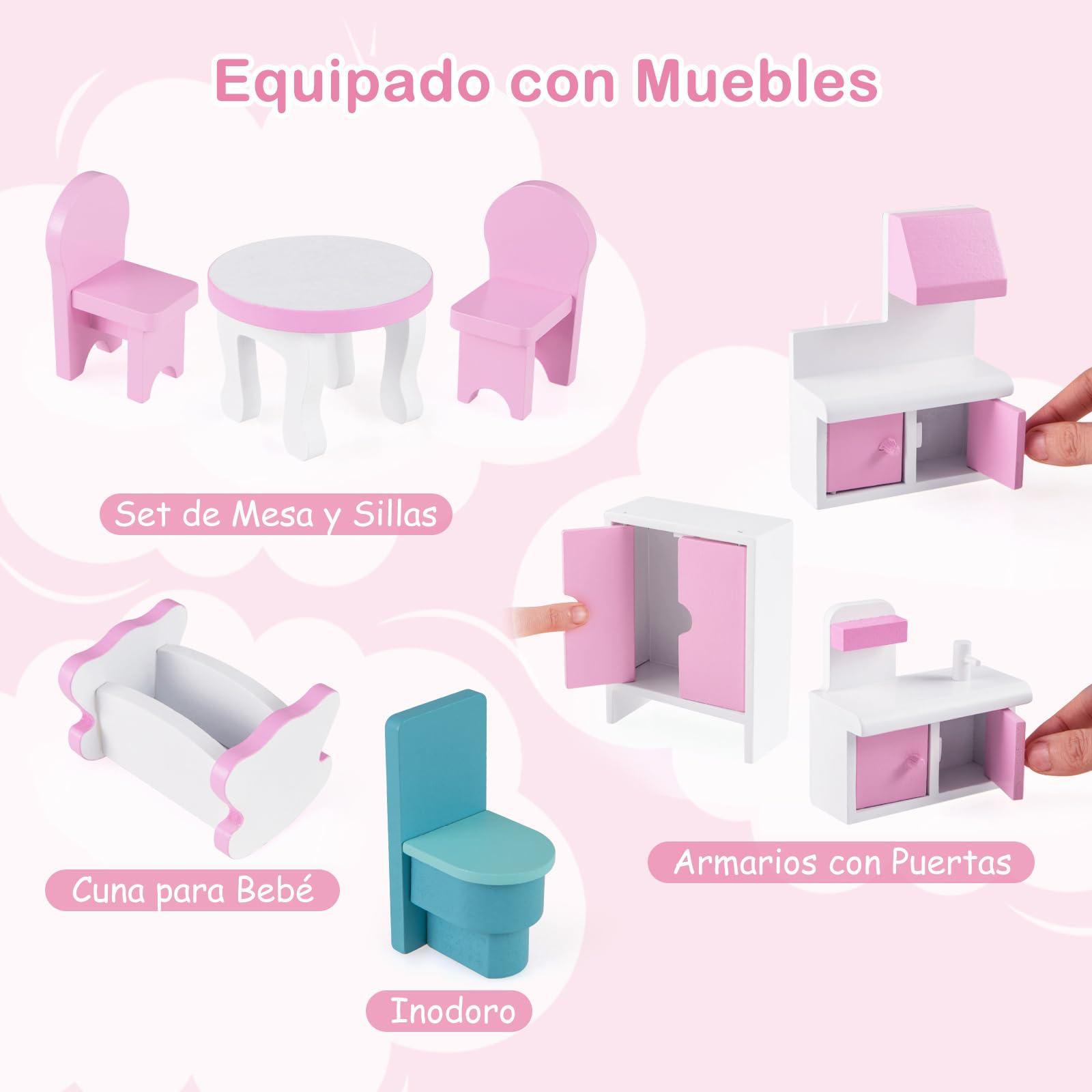 COSTWAY Casa de Muñecas de Madera, Casa Muñecas de 3 Niveles con Accesorios para Niños y Niñas Más de 3 Años, Juego de Roles Infantil, Casita de Muñecas de Ensueño, 61 x 26,5 x 71 cm, Rosa