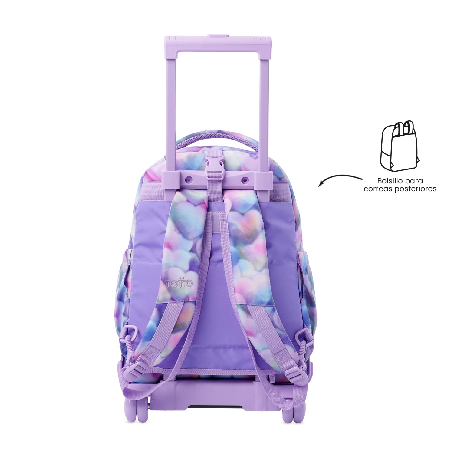 TOTTO - Mochila Escolar con Ruedas Desmontables, Modelo Tiza, Capacidad 26 L, Mochila PC 15.4", Bolsillo Botella, Manija Telescópica, Espaldar Ergonómico y Correas en S, Estampado Kory Morado