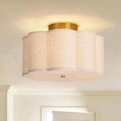 Miniatura 10 de Modern Flush Mount Ceiling Light,3-Light Nursery Light Fixture with Petal-Type White Fabric Shade,12.6 Farmhouse Drum Ceiling Light Fixture for