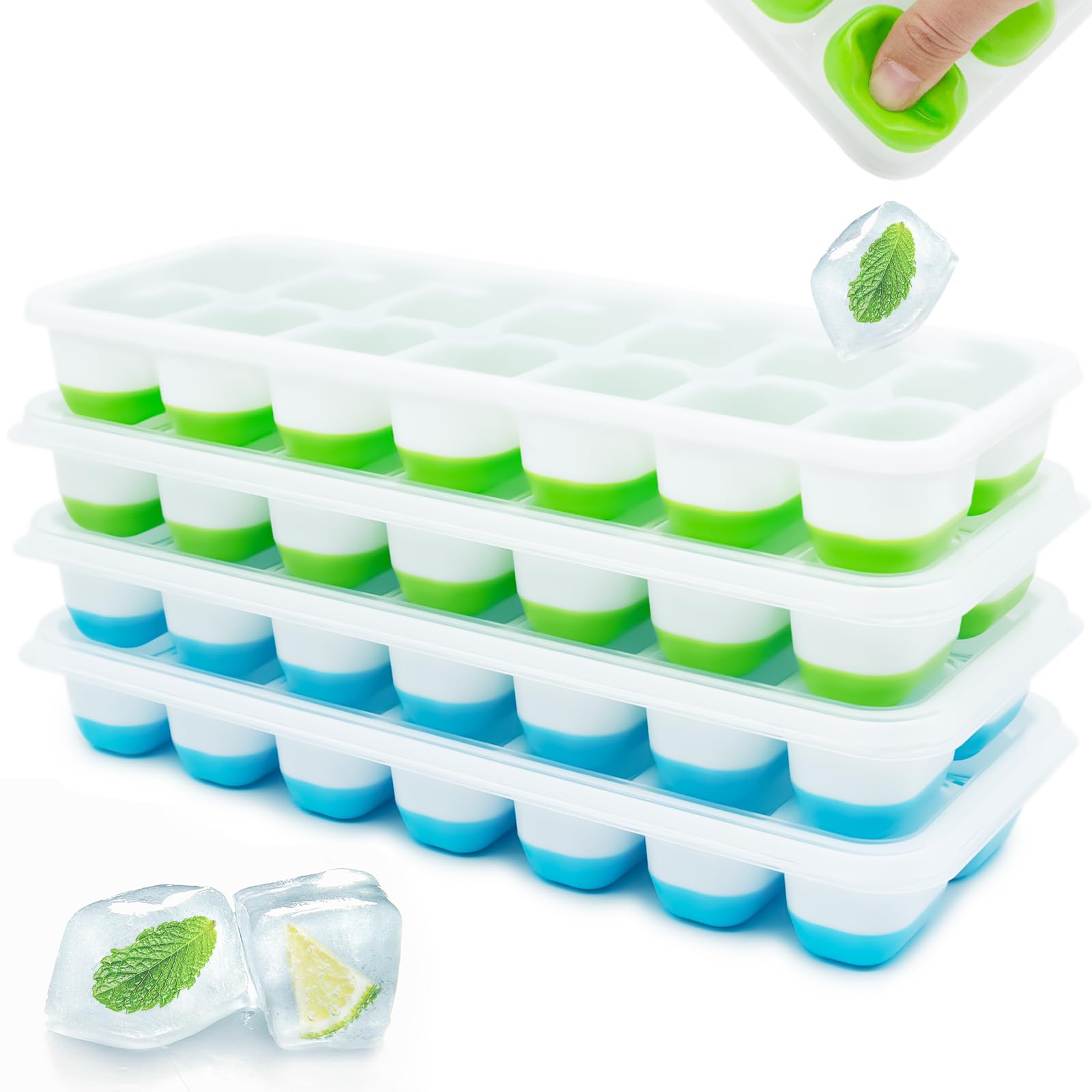 Ice Cube Trays 4 Pack, 56 pcs Ice Cube with Leak-Resistant Removable Lid, BPA Free, for Freezer, Stackable Ice Trays with Covers for Cocktail, Whiskey, Coffee, Fruit Drinks, Baby Food