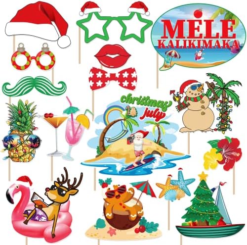 Christmas in July Decorations Photo Booth Props, Tropical Christmas Party Favor, Beach Santa Holiday Party Photo Booth Props Kit for Mele Kalikimaka Christmas Hawaiian Christmas Decorations