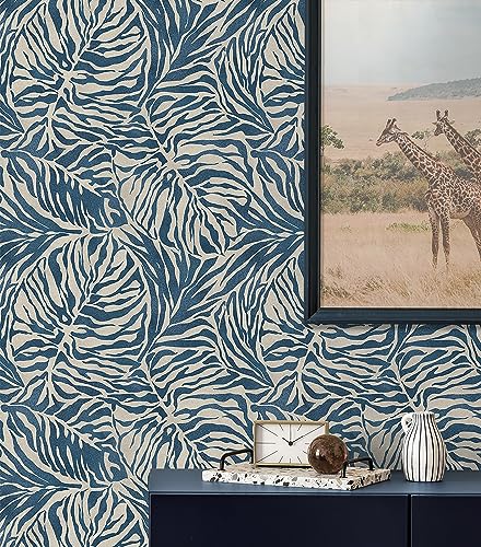 Image of Tommy Bahama - Peel and Stick Wallpaper, Tropical Wallpaper for Bedroom, Powder Room, Kitchen, Vinyl, 30.75 Sq Ft Coverage (Zebra Leaf Collection, Indigo)