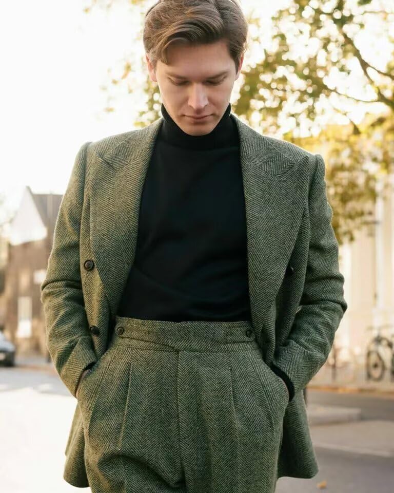 Men's Tweed Pants Herringbone Wool Pleated Front Dress Suit Slacks Trousers3