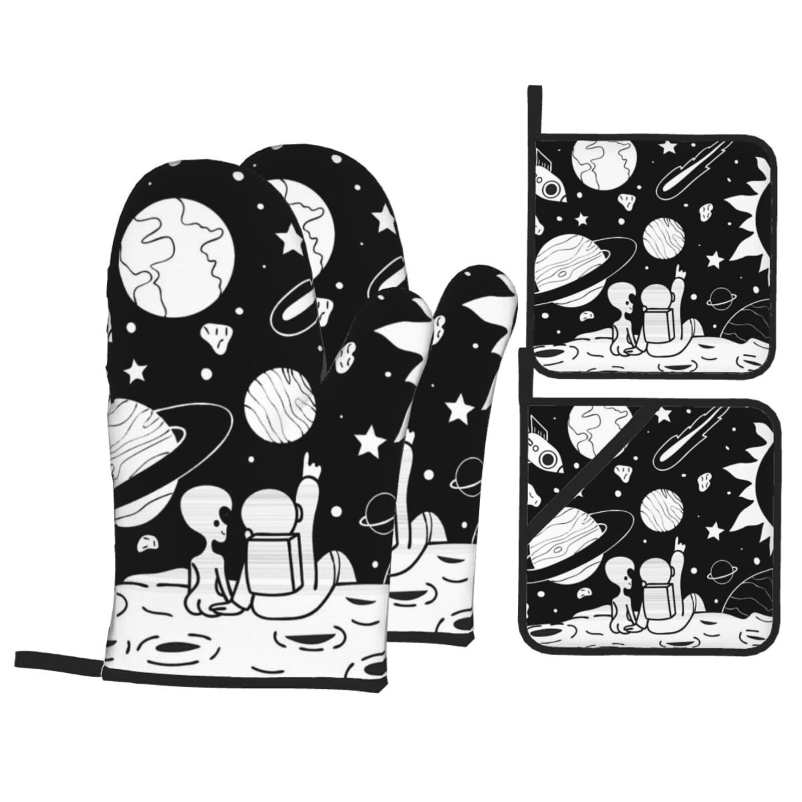 Astronaut Print Stylish Heat-Resistant Oven 4-Piece Set Kitchen Gloves Roasting Daily Cooking