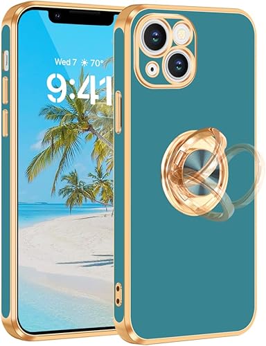 Fingic Funda para iPhone 13 con soporte de anillo giratorio de 360, soporte magnético borde dorado chapado brillante Funda protectora delgada de TPU