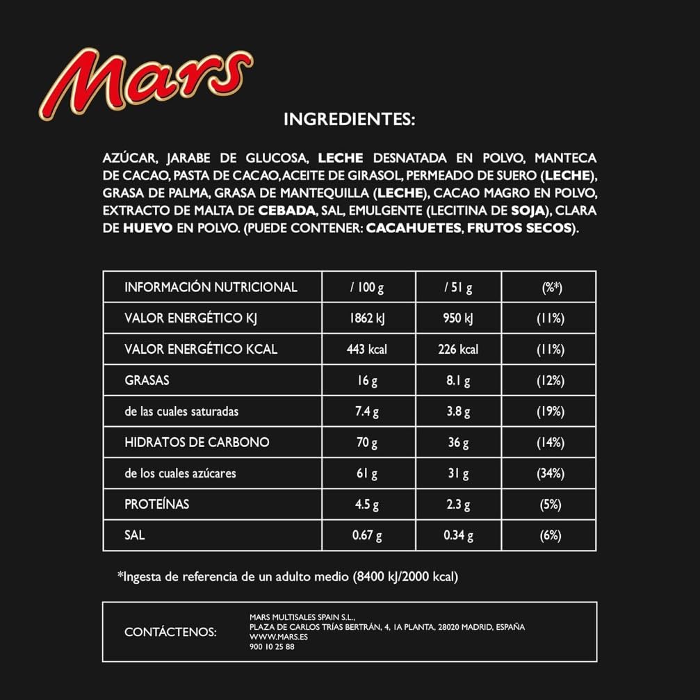 Mars Chocolatina de deliciosa crema de turrón y caramelo recubiertos del más fino Chocolate con Leche (24 x 51g)
