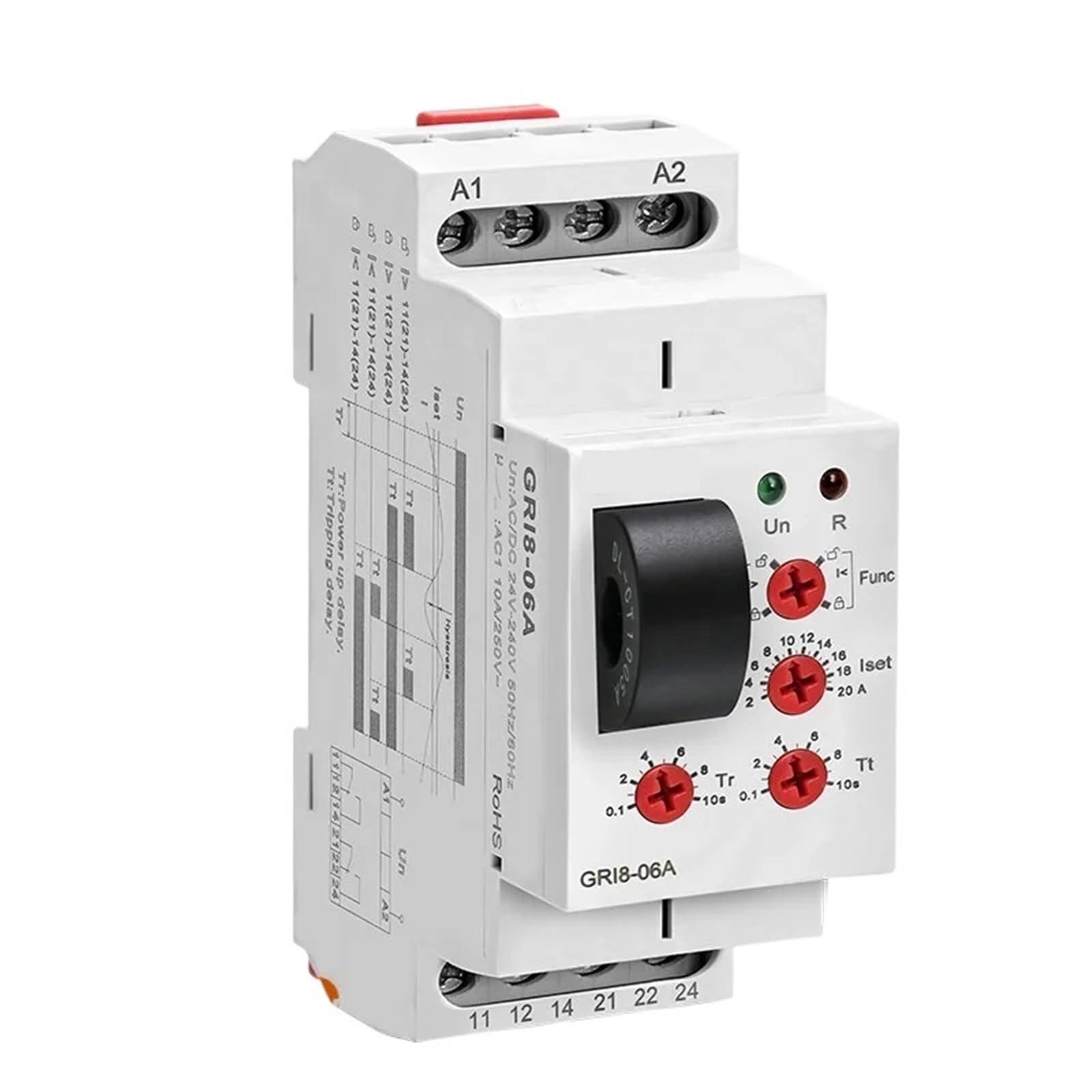 1 Stück GRI8-06 Gleichstrom-Überwachungsrelais, Überstrom-/Unterstromsensor, 2 SPDT, 8 A, Stromprüfrelais, AC/DC 24 V–240 V, Schließer, Öffner