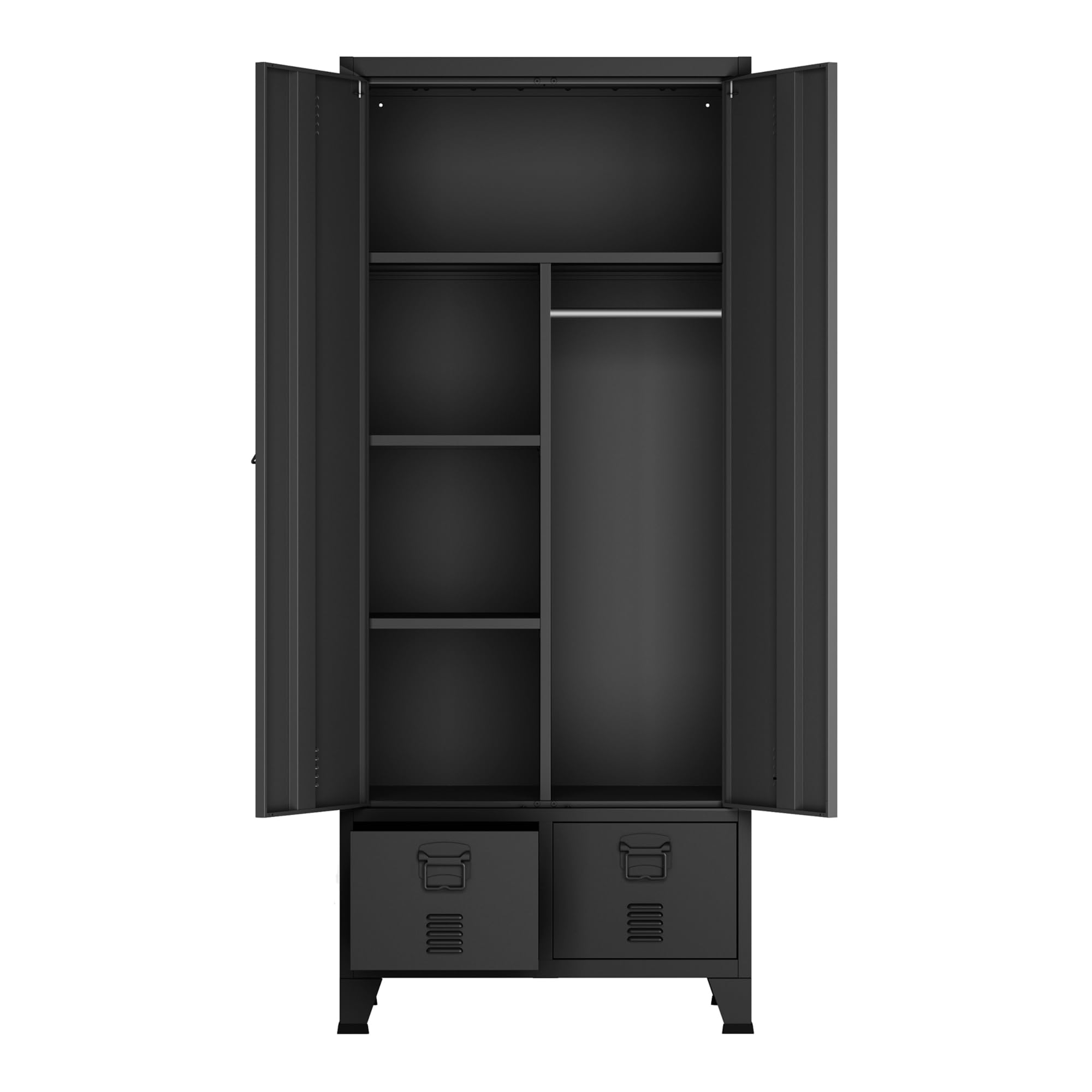 [en.casa] Armario Ropero Hankasalmi Armario Dormitorio Guardaropa 2 Puertas con Ranuras de Ventilación Perchero 4 Compartimentos Estantes Regulables 2 Cajones Acero 180 x 90 x 40 cm - Negro
