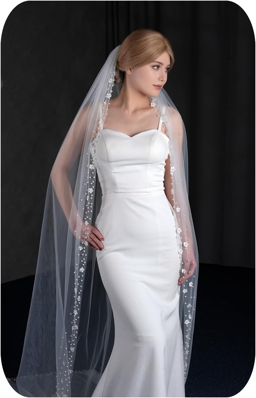 Wedding Bridal Floral Veil Handmade Pearl and Flowers Cathedral Veil for Women Bride Metal Comb 1Tier