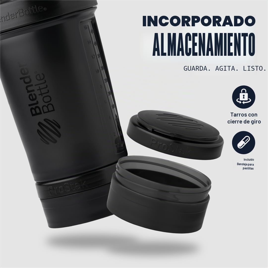BLENDER BOTTLE PROSTAK V2 BLACK 22OZ | A prueba de fugas | Tecnología Blenderball Whisk | Batidos de proteínas | Suplementos | Hidratación