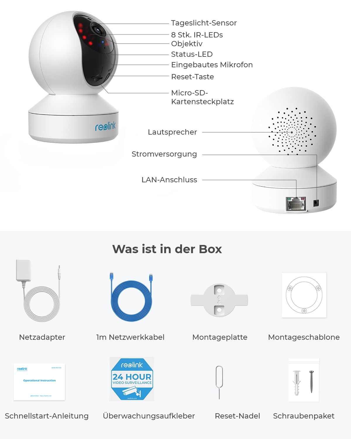 Reolink WLAN IP Kamera Indoor Schwenkbar, Überwachungskamera Innen Handy 3MP HD mit 2,4 GHz WLAN, 355° Schwenk- / 50° Neigung, Zwei-Wege-Audio, IR-Nachtsicht E1 (Generalüberholt)
