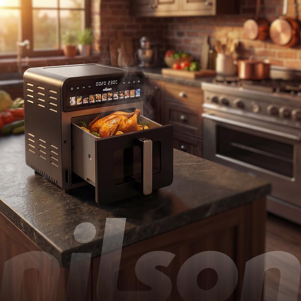 Freidora de Aire sin Aceite 10 Litros, Air Fryer NAF1000CXD, 1700 W, 35-230º C, Display LED, 12 Programas, Cesta Interior Antiaherente, Ventana de Visualización, Doble Resistencia
