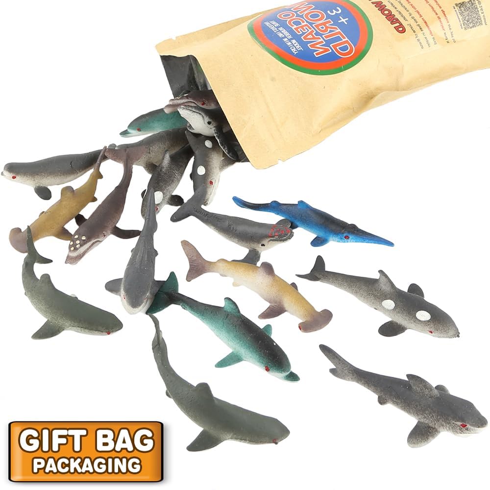 20 PCS Mini Rubber Shark Toy Figure, Super Stretches Bath Toy Set, Material TPR, Ocean Sea Animal Floating Bathtub Toy Party Favors, Realistic Shark Dolphin Whale Toy