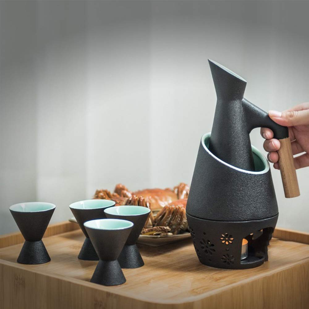 Juego de 7 Sake de cerámica con Olla para Calentar y Estufa de Vela, Textura pintoresca esmaltada en Negro, Estilo Tradicional japonés, Juego de Regalo para Servir Sake