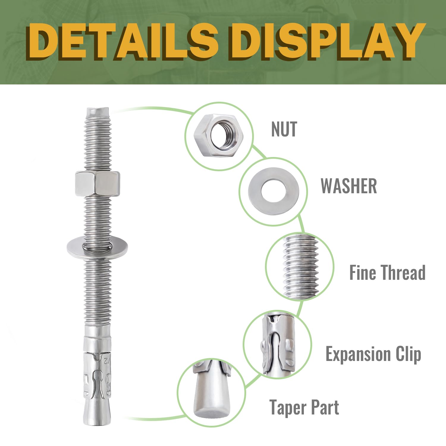 LIONMAX Stainless Steel Concrete Anchor Bolts 1/2" x 5-1/2 Inch, 12-Pack Wedge Anchors for Concrete Cement Wall Base Bracket, Rust and Corrosion Resistant