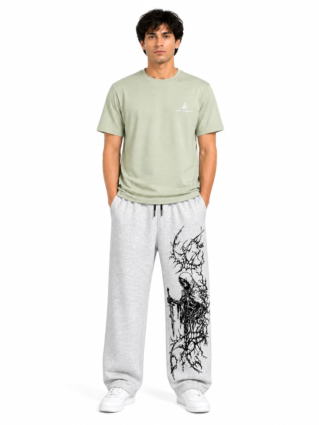 raw element Men’s Dot Knit T-Shirt & Printed Track Pants Combo | Navy Blue Tee + Grey Graphic Lower | Comfortable Casual Wear | Relaxed Fit Streetwear Outfit for Men (IN, Alpha, S, Regular, Pistachio & Grey)-picture-26