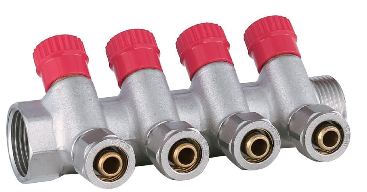 Set Collettore Acqua Riscaldamento PEX 1” x 16 mm Distributore D'Acqua In Ottone Nichelato Con Mini Valvole Integrate Fascio Distributore Blu 4 Circuiti Rosso 4 Circuiti H2541B4R4