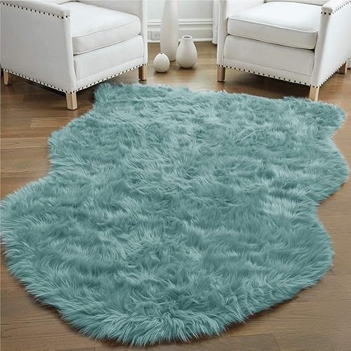 Gorilla Grip Thick Fluffy Faux Fur Washable Rug, 6x9, Shag Carpet Rugs for Nursery Room, Bedroom, Luxury Home Decor, Soft Floor Plush Carpets, Durable Rubber Backing, Sheepskin, Spa Blue
