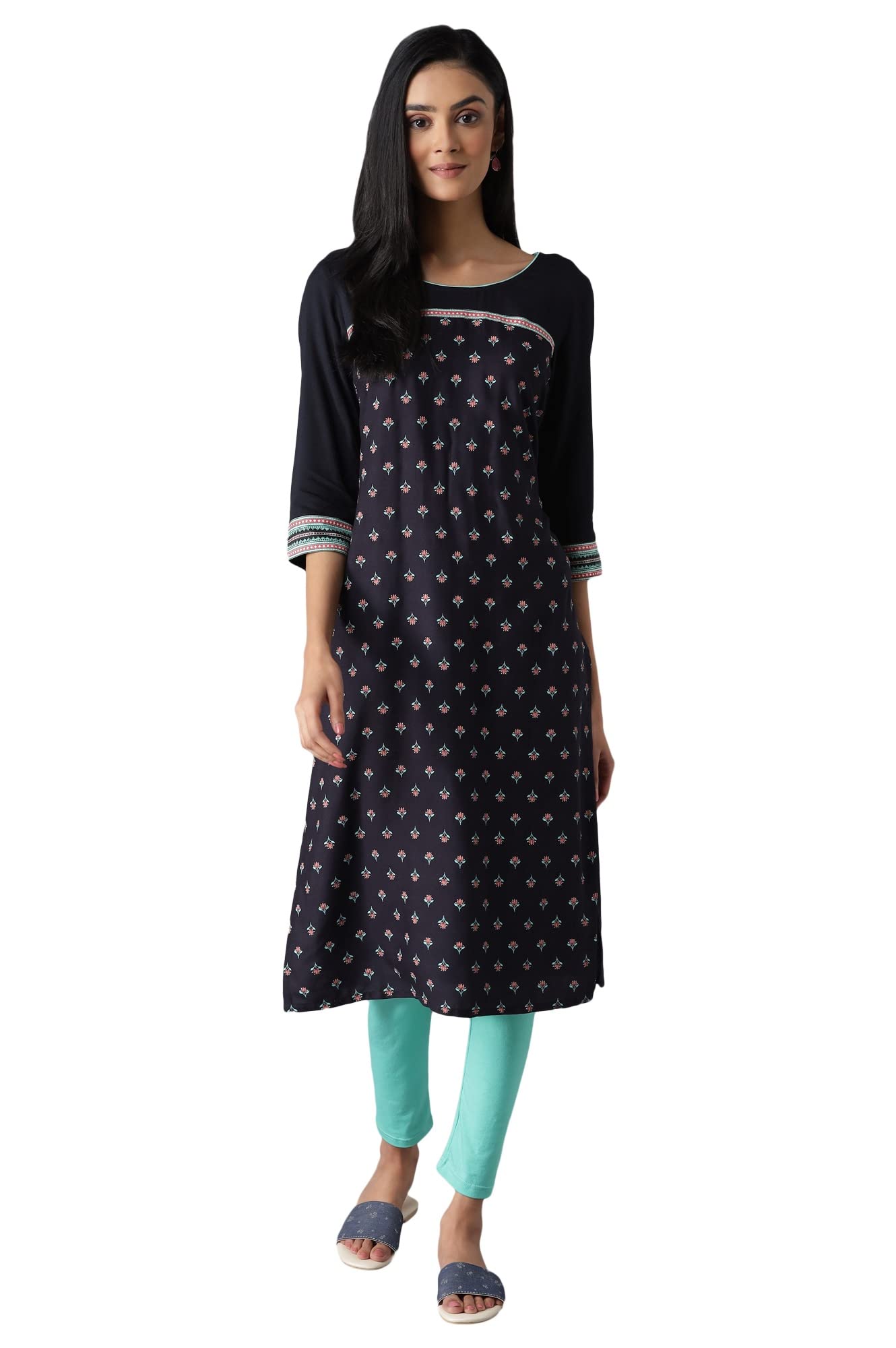 Aurelia Black Printed Liva Kurta & Tights in black